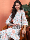 White Floral Printed A - Line Kurta Set with Mandarin Collar - Mahukaa