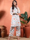 White Floral Printed A - Line Kurta Set with Mandarin Collar - Mahukaa