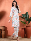 White Floral Printed A - Line Kurta Set with Mandarin Collar - Mahukaa