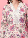 White Floral Straight Kurta Set with V - Neck and Screen Print - Mahukaa