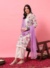 White Floral Straight Kurta Set with V - Neck and Screen Print - Mahukaa