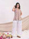 White Sanganeri Cotton Printed Top with Plain Linen Pants - Mahukaa