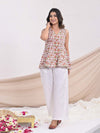 White Sanganeri Cotton Printed Top with Plain Linen Pants - Mahukaa