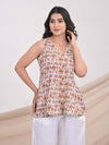 White Sanganeri Cotton Printed Top with Plain Linen Pants - Mahukaa
