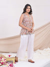White Sanganeri Cotton Printed Top with Plain Linen Pants - Mahukaa