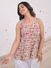 White Sanganeri Cotton Printed Top with Plain Linen Pants - Mahukaa