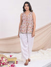 White Sanganeri Cotton Printed Top with Plain Linen Pants - Mahukaa