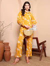 Yellow Pure Cotton Floral Co - ord Set with Shirt Collar - Mahukaa