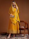 Yellow Round - neckline Anarkali Set with Lace Embroidery & Dupatta - Mahukaa