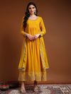 Yellow Round - neckline Anarkali Set with Lace Embroidery & Dupatta - Mahukaa