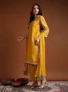 Yellow Square V - Neck Zari Embroidered Kurta Set with Dupatta - Mahukaa